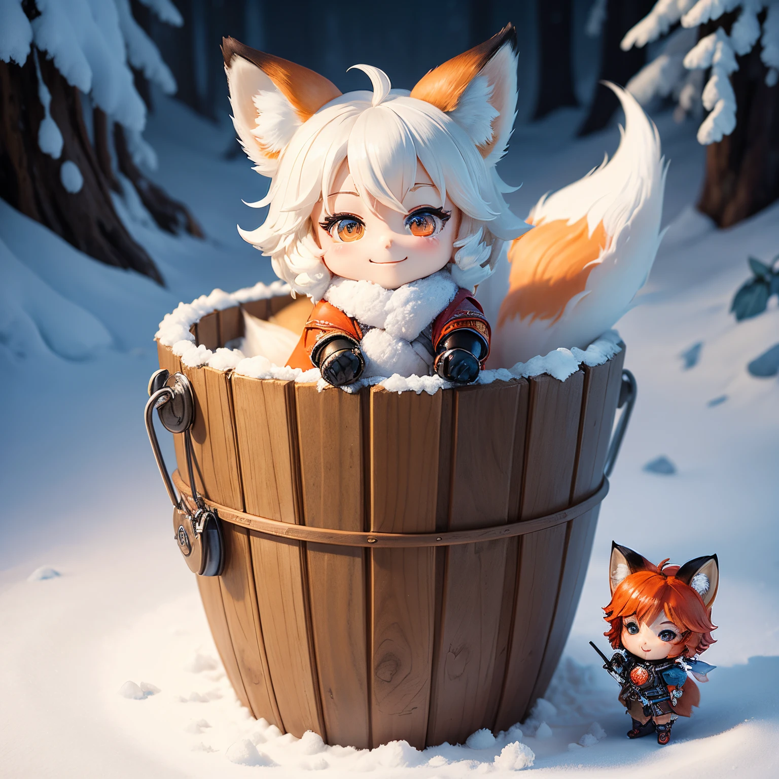 masterpiece、top-quality、ultra-detailliert、(Chibi character fox ears child:1.2)、fairy tale snow forest、mini scoop、mini bucket、A smile、Standing