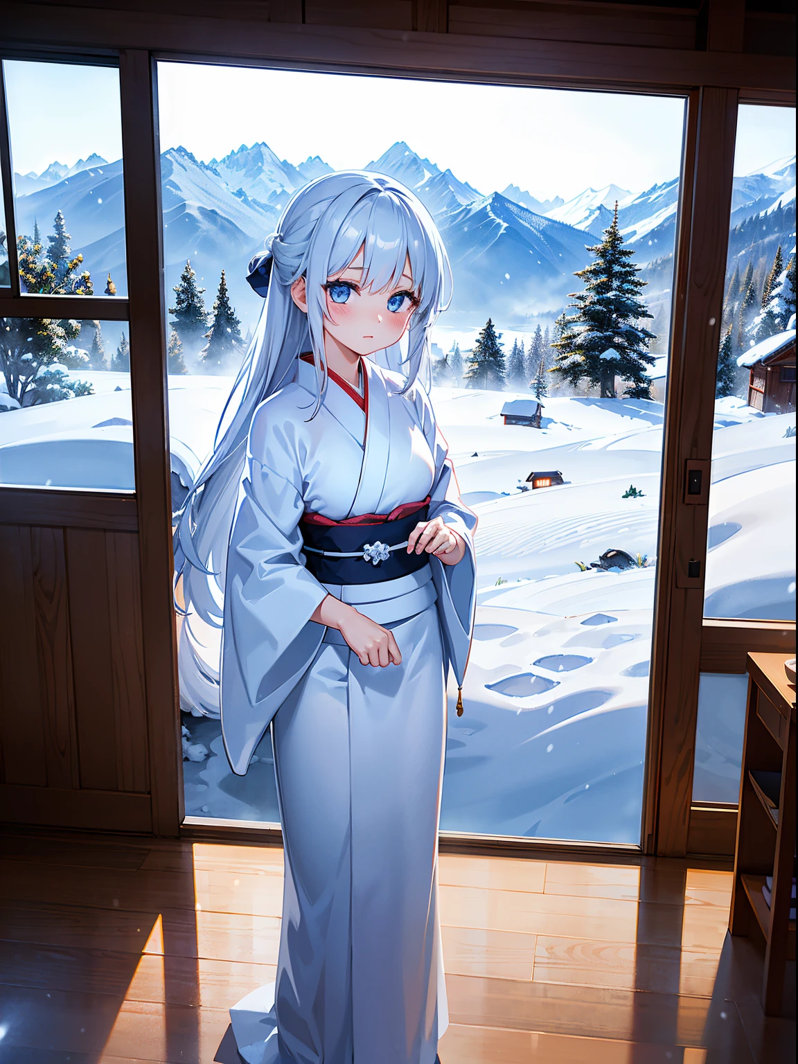 (RAW Photos, Best Quality), (animesque: 1.2), snowscape, ((a girl in white kimono)), snow woman, mountain hut, Professional Lighting, Photon mapping, Physically Based Rendering,