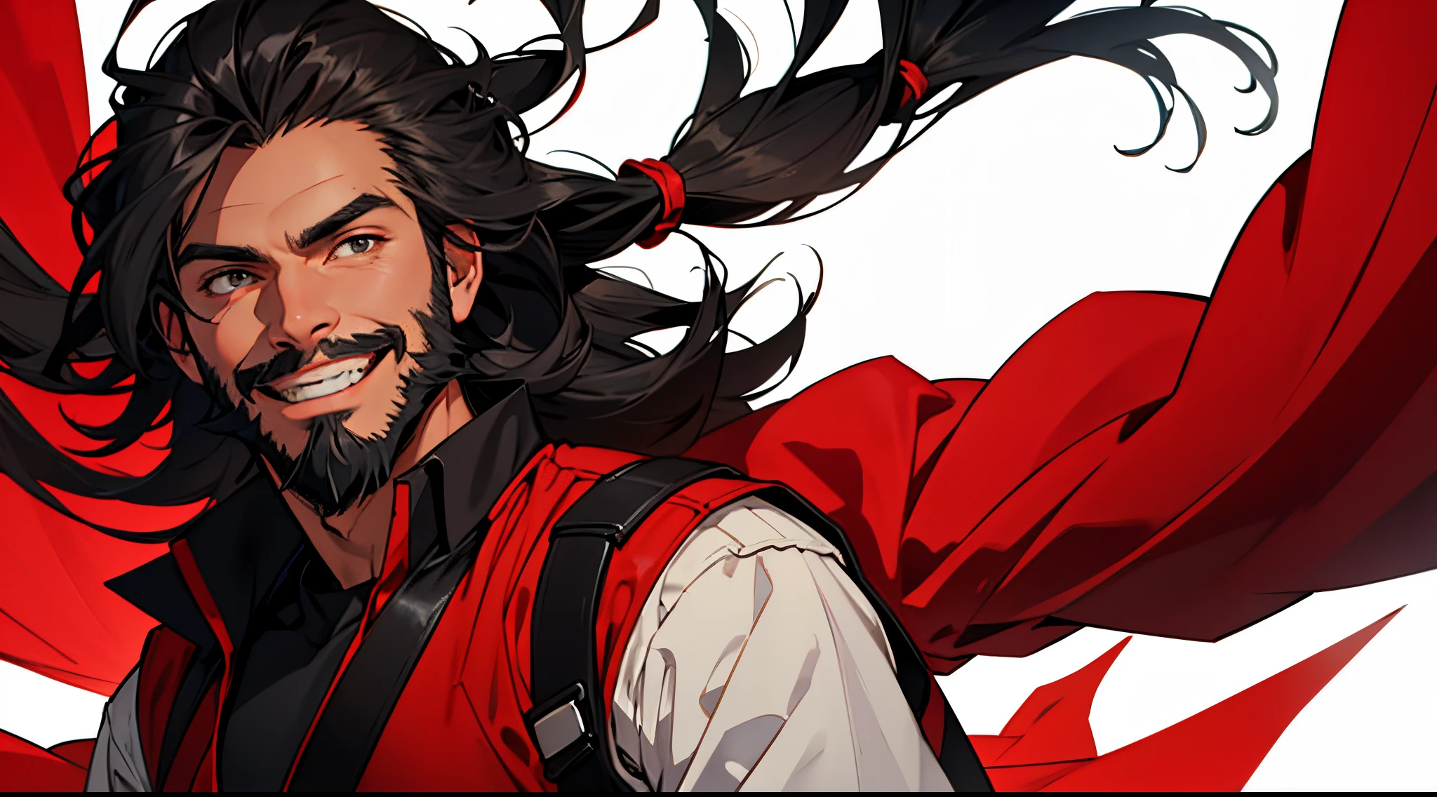 1 Man solo, solo.he has a short black beard and he has black flowing hair. Wearing Red. smiling, clear background.