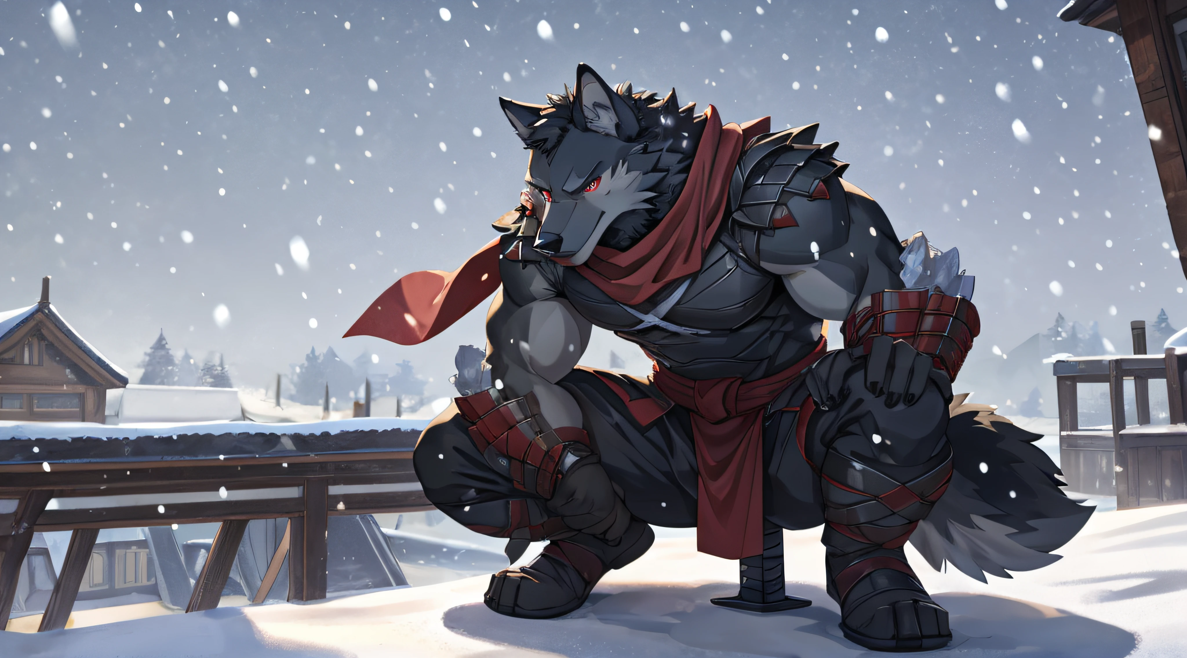 furry,bara,Male wolf,black haired,Black body hair,Red Eyes,Put on ninja armor,wearing a red scarf,Squatting on the roof,His right hand held a long sword..,yam&#39;snowfall,Behind there is snow.,Look straight ahead.