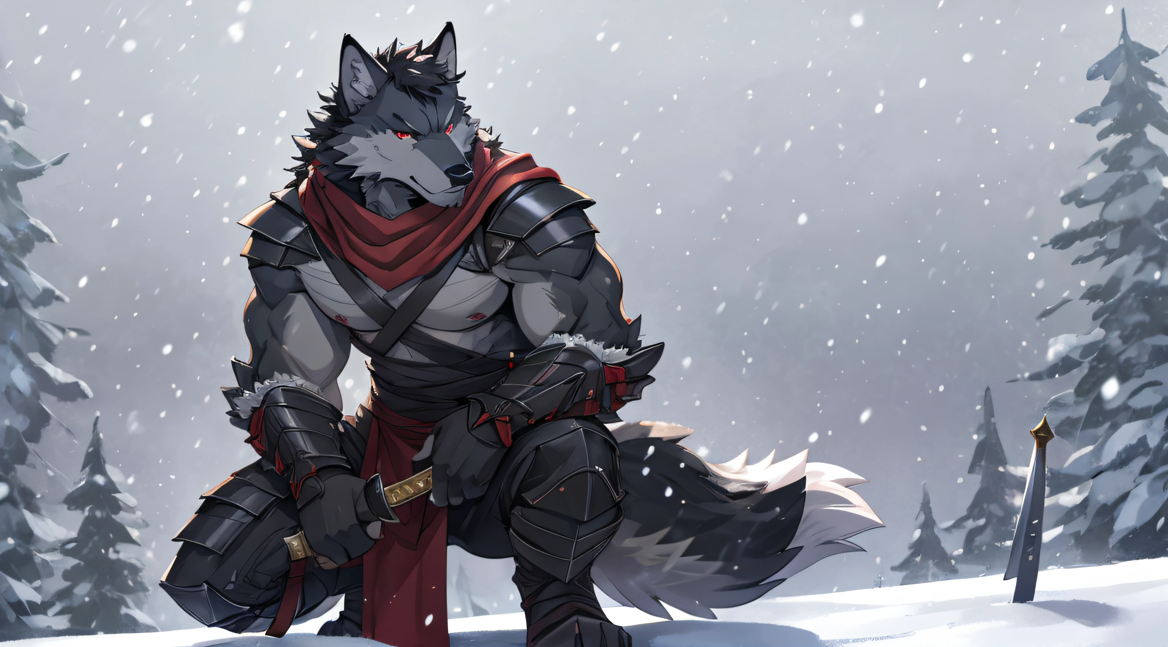 furry,bara,Male wolf,black haired,Black body hair,Red Eyes,Put on ninja armor,wearing a red scarf,Squatting on the roof,His right hand held a long sword..,yam&#39;snowfall,Behind there is snow.,Look straight ahead.