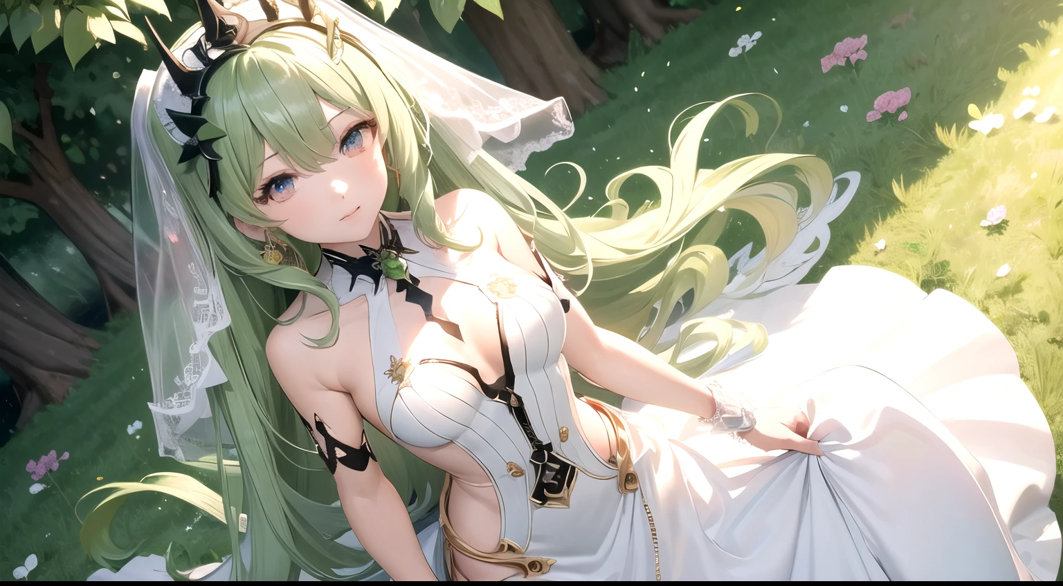high detail, symmetrical, masterpiece, best quality, mobius (honkai impact), honkai (series), honkai impact 3rd, 1girl, solo, green hair, long hair, looking at viewer, small breasts, same eye colour, wedding dress, outdoors, bridal veil, long dress, white dress, hoop skirt, clover