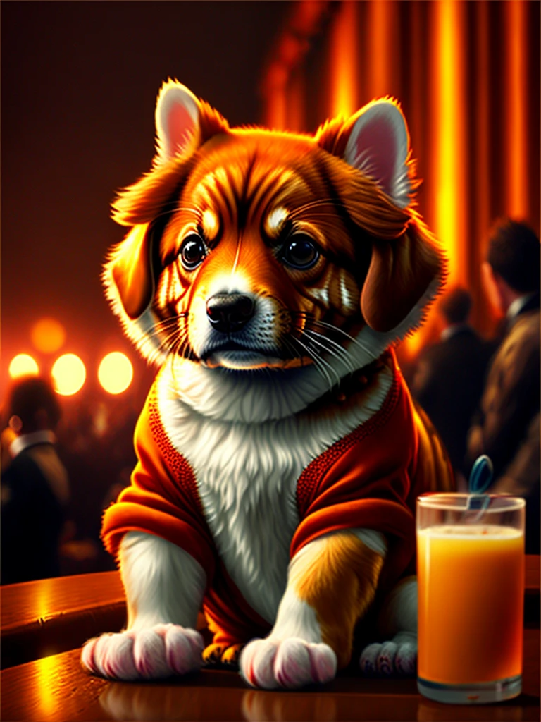 Caramel dog dressed as a crocodile in a nightclub with the squirrel cat with orange juice