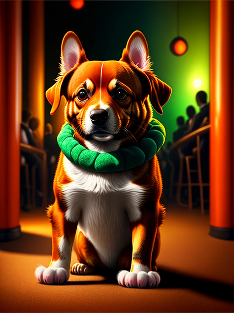 Caramel dog dressed as a crocodile in a nightclub with the squirrel cat with orange juice
