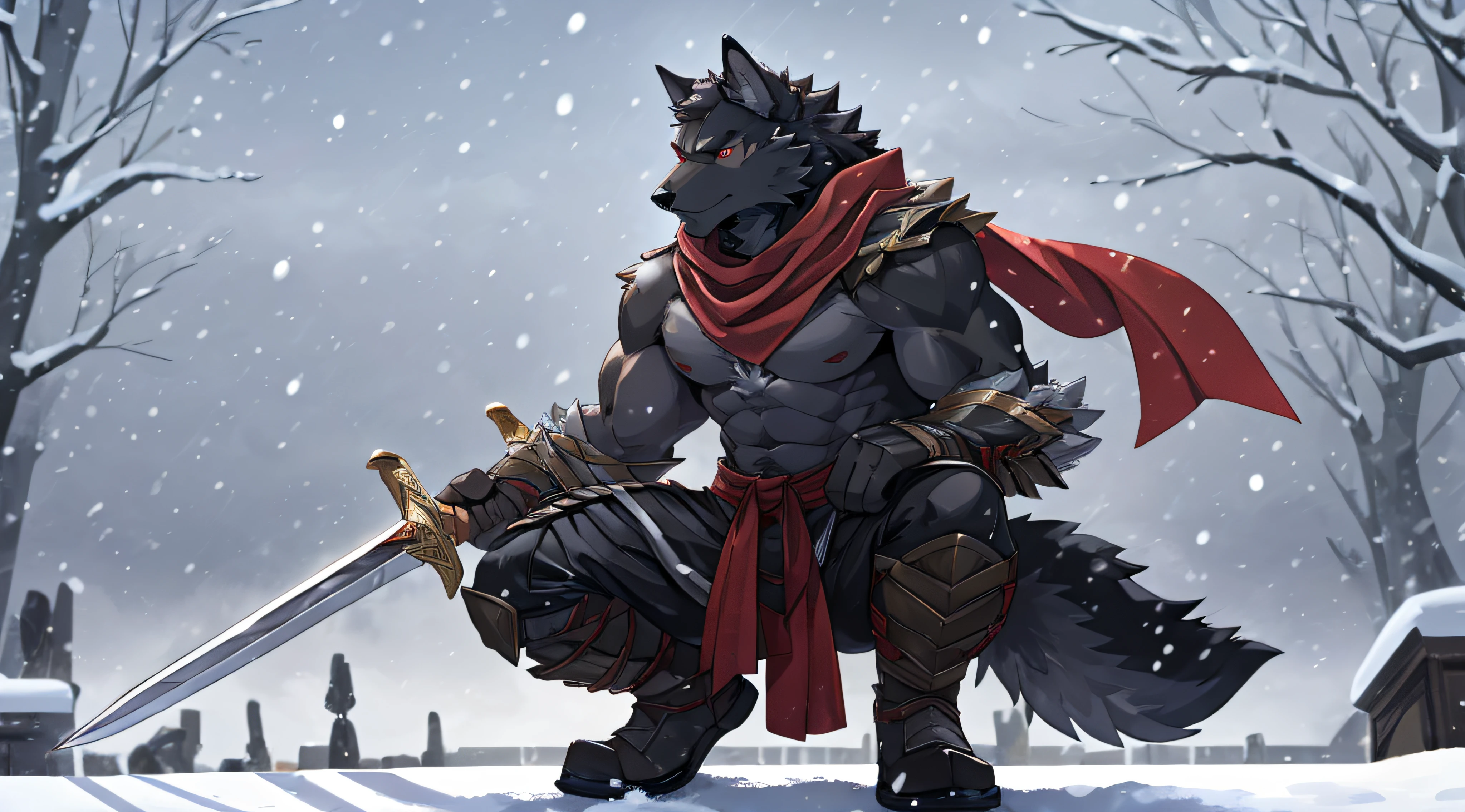 furry,bara,Male wolf,black haired,Black body hair,Red Eyes,Put on ninja armor,wearing a red scarf,Squatting on the roof,His right hand held a long sword..,yam'snowfall,Behind there is snow.,Look straight ahead.
