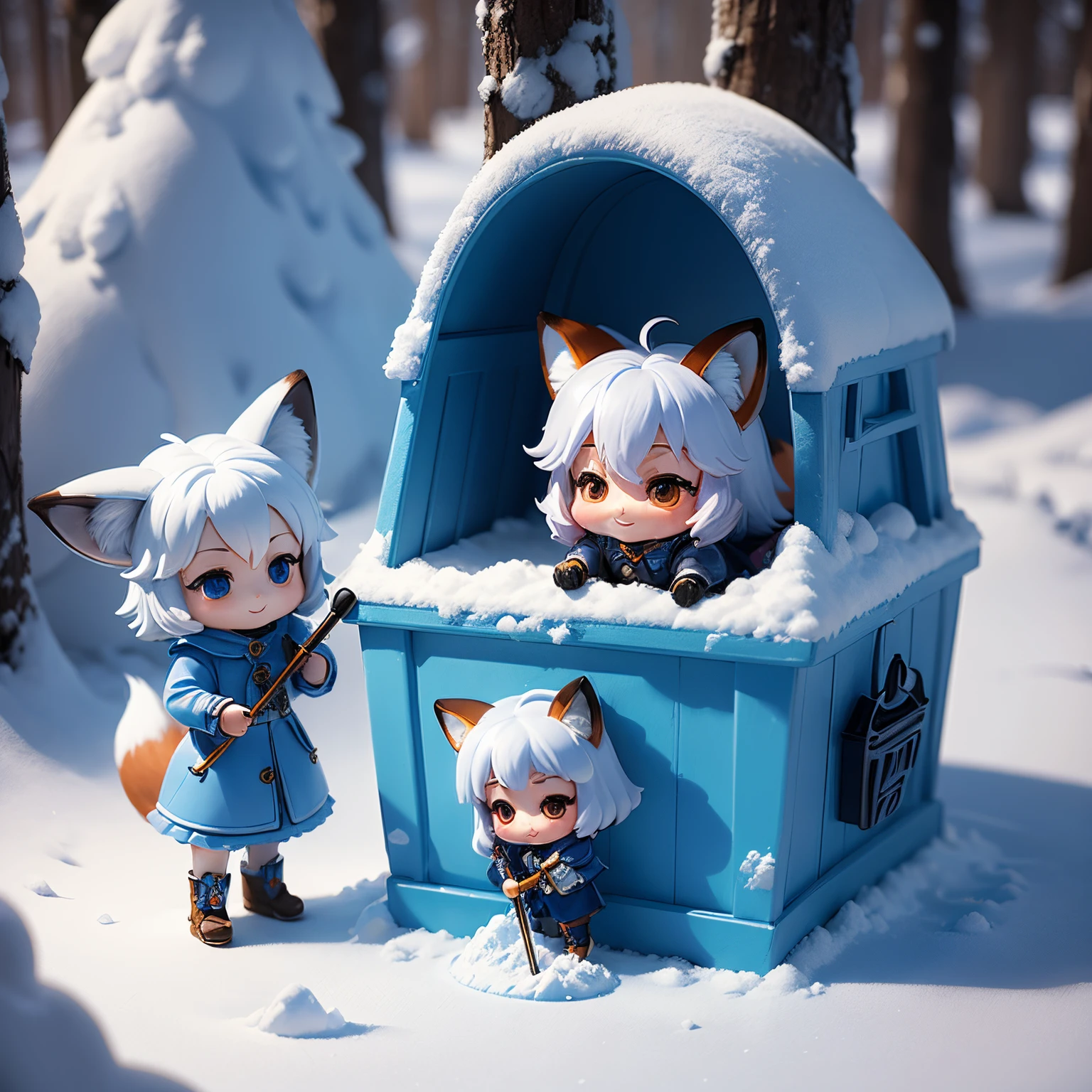 masterpiece、top-quality、ultra-detailliert、(Chibi character fox ears child:1.2)、fairy tale snow forest、blue plastic mini shovel、blue plastic mini bucket、A smile、Standing