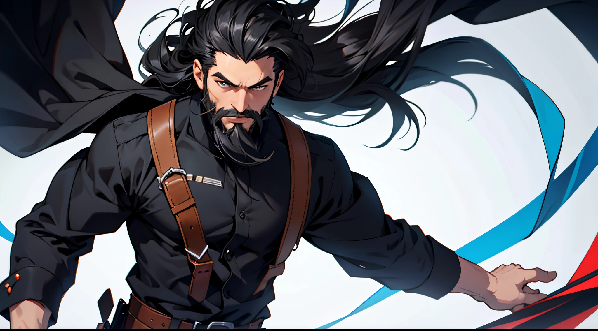 1 Man solo, solo.he has a short black beard and he has black flowing hair. clear background