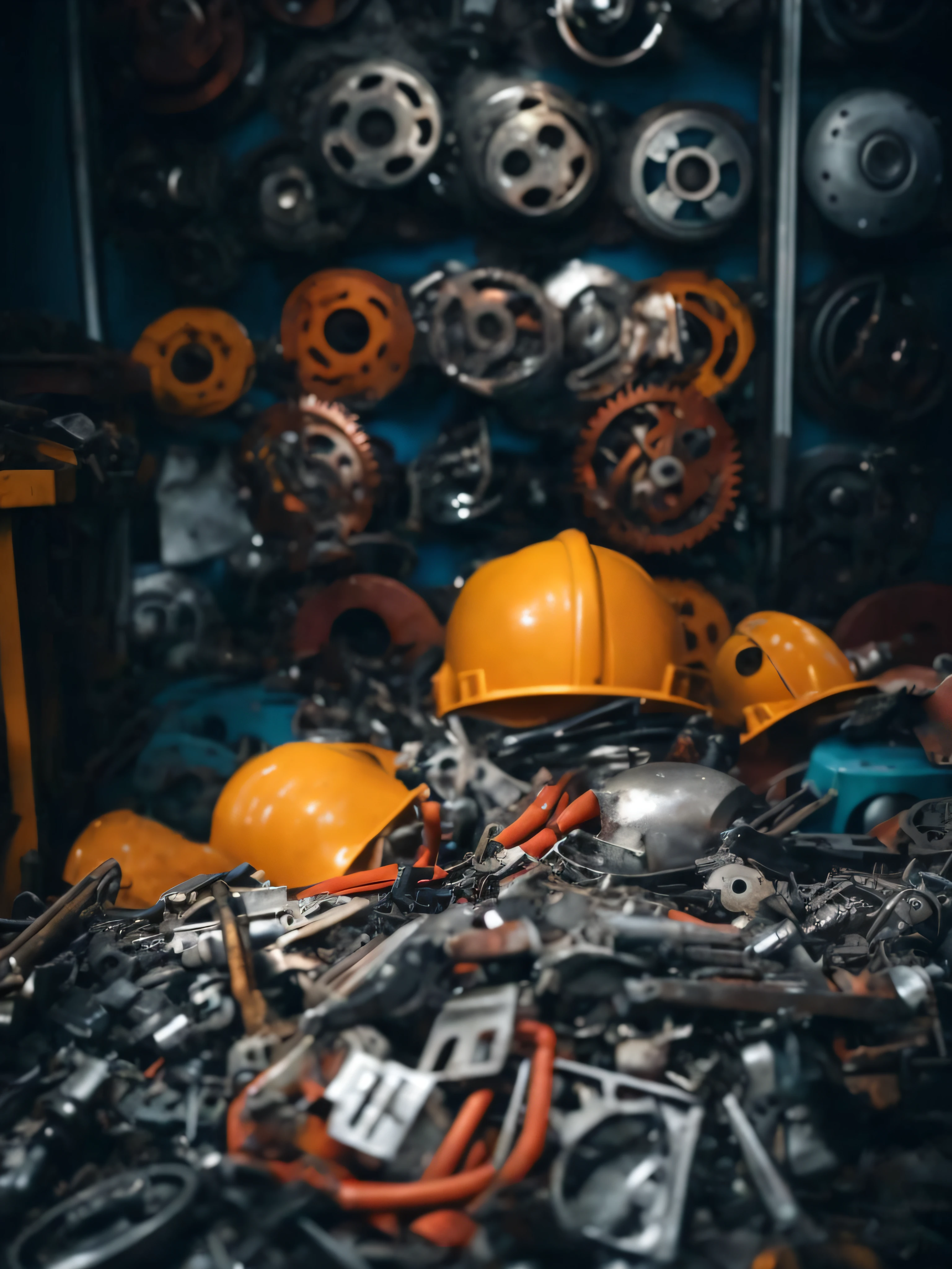 A bunch of different types of tools and tools, Scrap metal on the workbench, spare parts, mechanicalparts, work insurance. Cinematic, mining scrap metal, Tools and trash on the ground, Mechanical damage, aftermarket parts, Scrap metal, Made up of many metal sheets, mechanoid, made from mechanical parts, robot repair workshop, mechanicalparts