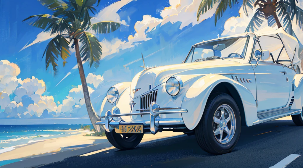 seaside, palm tree, mystical starry sky, (((white convertible classic car)))