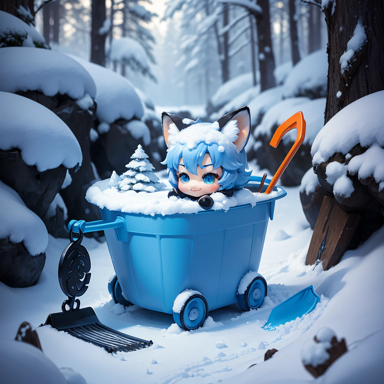 ​masterpiece、top-quality、ultra-detailliert、(One chibi character fox-eared child:1.2)、fairy tale snow forest、blue plastic mini shovel、blue plastic mini bucket、A smile、Standing