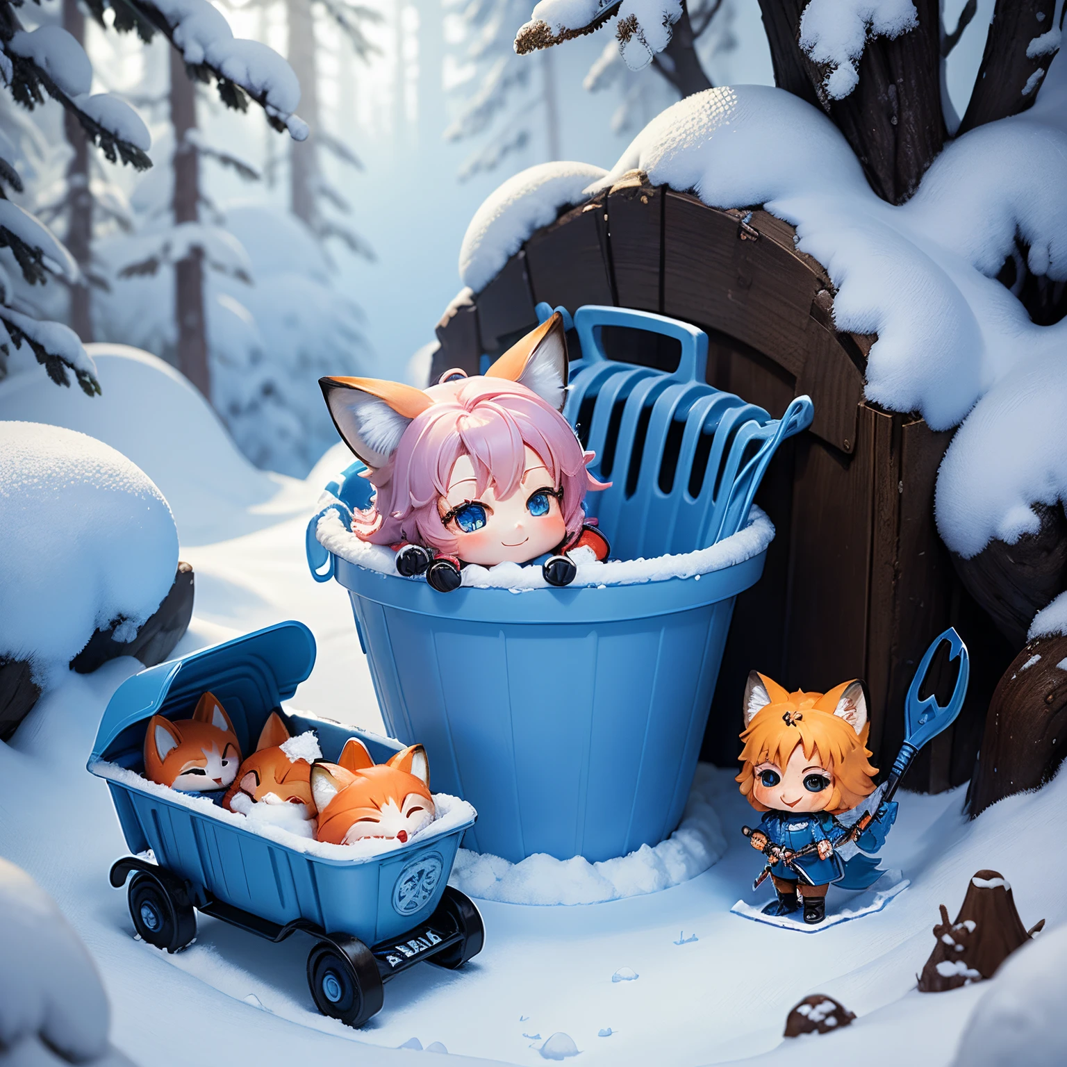 ​masterpiece、top-quality、ultra-detailliert、(One chibi character fox-eared :1.2)、fairy tale snow forest、blue plastic mini shovel、blue plastic mini bucket、A smile、Standing