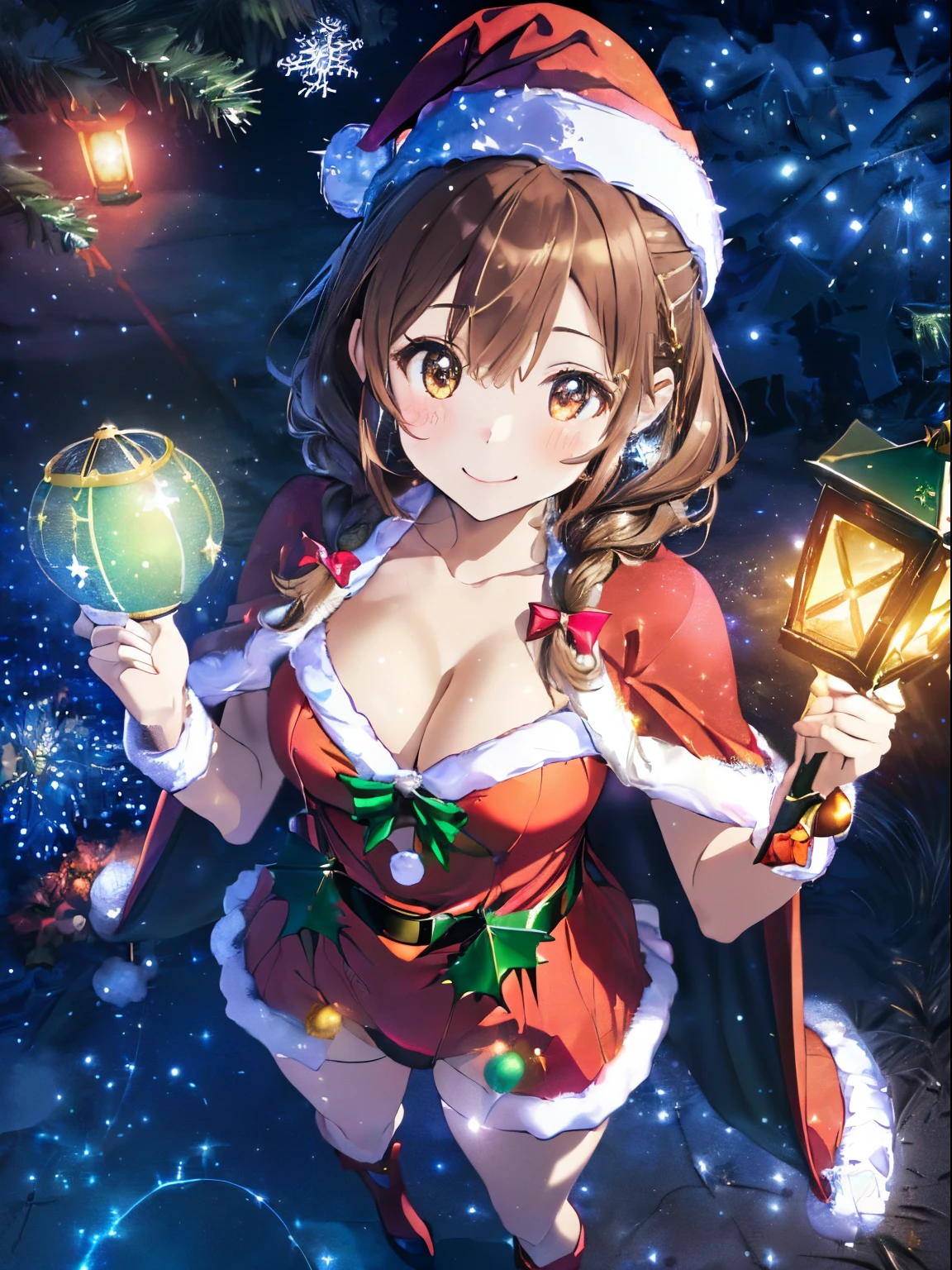 (colorful glowing lantern),((A night sky filled with colorful cute creatures flying around)),((Big Full Moon)),((Sparkling and colorful stars)),fluffy hair,((brown haired)),((Braided shorthair)),Slightly red tide,((Brown eyes)),((Fluffy and voluminous idol-style Santa costume)),((santa hat with tiara)),(magic wand with a jewel on the tip),(tome&#39;It's snowing a little),((Christmas tree and illuminations)),Happy smile,Kamimei,((Fly through the sky on a magic broom)),((Perspective from above)),(Cleavage that looks modest),((wearing a luxurious cloak)),