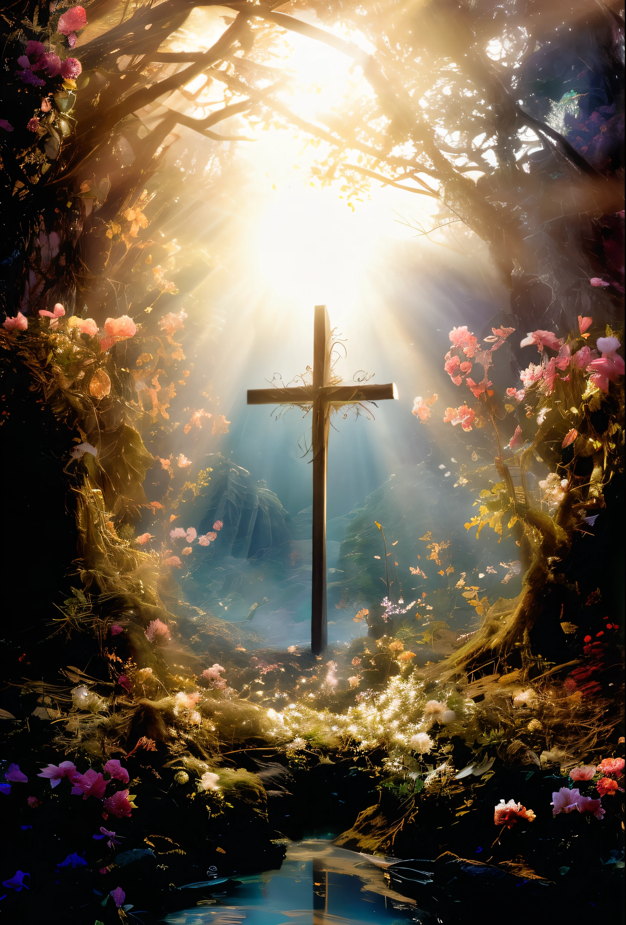 there is a cross in the middle of a forest with flowers, Obra-prima da luz brilhante, cruz, religioso, Directed by: Eugene Zak, cross composition, Crucifixo, Directed by: Aleksander Gierymski, Santa Cruz, Directed by: Arthur Pan, light kingdom backdrop, Holy, Luz Santa, bela cena, Luz Celestial, dramatic lights spiritual scene, Directed by: Julian Fałat