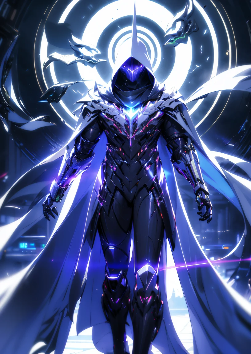 realistic,shiny,reflective,bioluminic, galactic cybernetic mask,mecha,(assassin:1.2),((((scarf,long cloak)))),sh4g0d,GlowingRunes_red,fullbody,cinemnatic,dark background,backlight,high contrast,