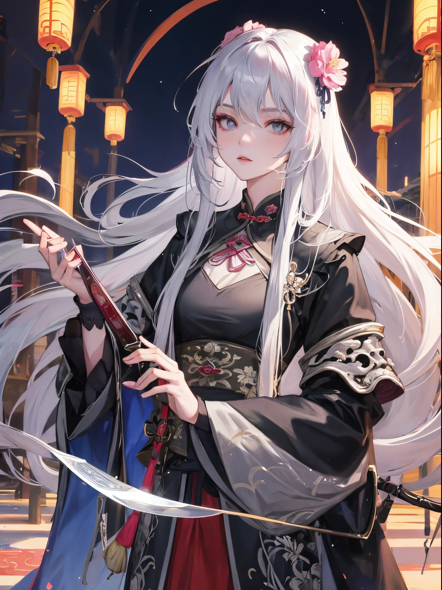 tmasterpiece, Best quality at best, the night, moon full, 1 girl, Mature woman, Chinese, Ancient China, Sister, Imperial sister, indifferent expression, face expressionless, Silver white long haired woman, light pink lips, dispassionate, intelligentsia, tribelt, gray pupil, assassins, short knife, flower ball background, Stroll through the streetscape