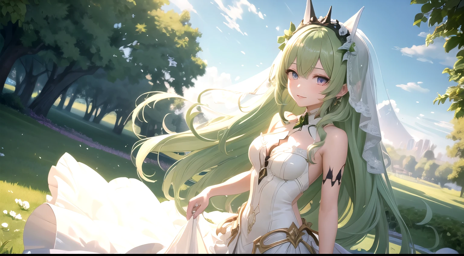 high detail, symmetrical, masterpiece, best quality, mobius (honkai impact), honkai (series), honkai impact 3rd, 1girl, solo, green hair, long hair, looking at viewer, small breasts, same eye colour, wedding dress, outdoors, bridal veil, long dress, white dress, hoop skirt, clover