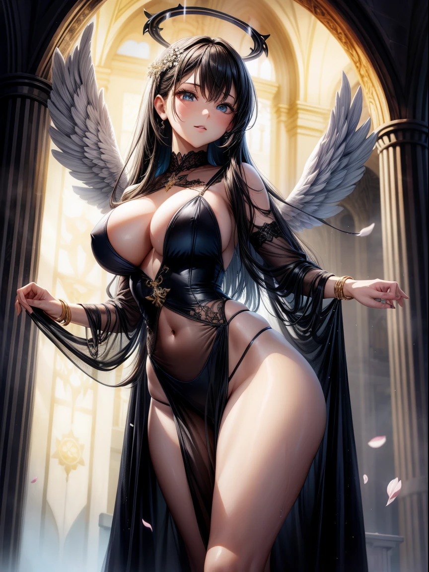 (8K ,hyper-detailing,ultra real photo,Best masterpiece,natural,Perfect artwork,Perfect female body),Cute busty girl ,Hair color,(Big tits),Angelic,obsessed,the angel's wings,The halo,Beautiful church,beautiful rain of petals,Gorgeous accessories,golden brilliance,Wearing a see-through sexy black gauze skirt,Sexy transparent black dress,ssee-through,Built-in thong,The cracks are relatively large,stretch the meat,Raised sexy,Flirtatious,obscene exposure