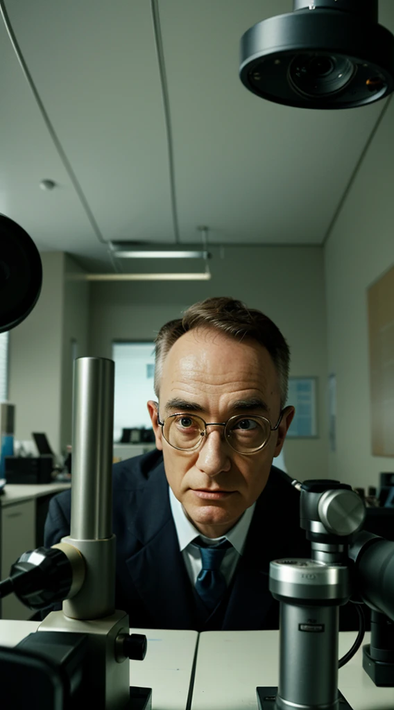 Oppenheimer looking through a microscope in an office