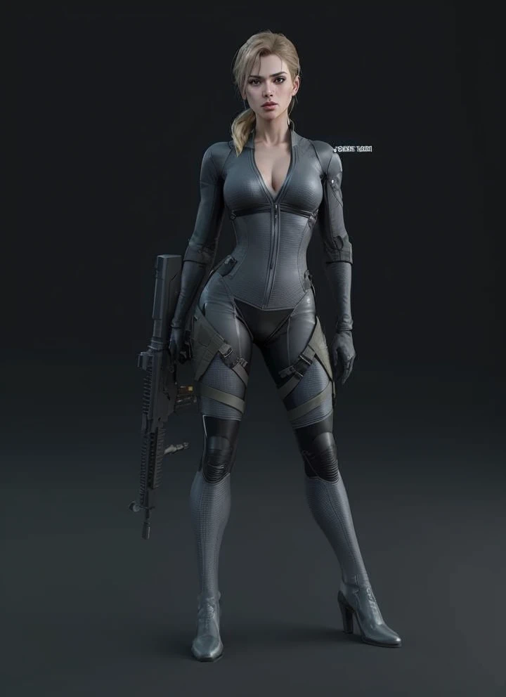 una mujer vestida de negro sosteniendo una pistola y una pistola, Personaje principal femenino, La glamorosa Jill Valentine, sil de especies, Solid Metal Gear concept art, Jetstream Sam de Metal Gear, sci fi female character, Hembra de cuerpo completo, sci-fi female, scifi character, Silencioso de Metal Gear Solid, traje de combate, Inspirado en Metal Gear Solid, Rendering sci-fi characters