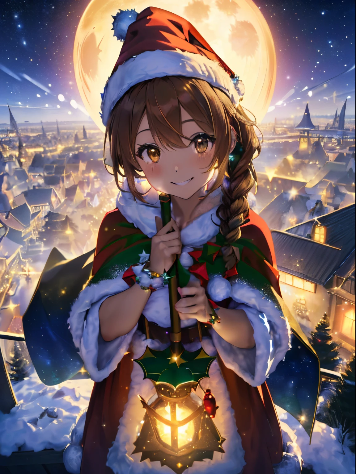 (colorful glowing lantern),((A night sky filled with colorful cute creatures flying around)),((Big Full Moon)),((Sparkling and colorful stars)),fluffy hair,((brown haired)),((Braided shorthair)),Slightly red tide,((Brown eyes)),((Fluffy and voluminous idol-style Santa costume)),((santa hat with tiara)),(magic wand with a jewel on the tip),(tome'It's snowing a little),((Christmas tree and illuminations)),Happy smile,Kamimei,((Fly through the sky on a magic broom)),((Perspective from above)),((wearing a luxurious cloak)),