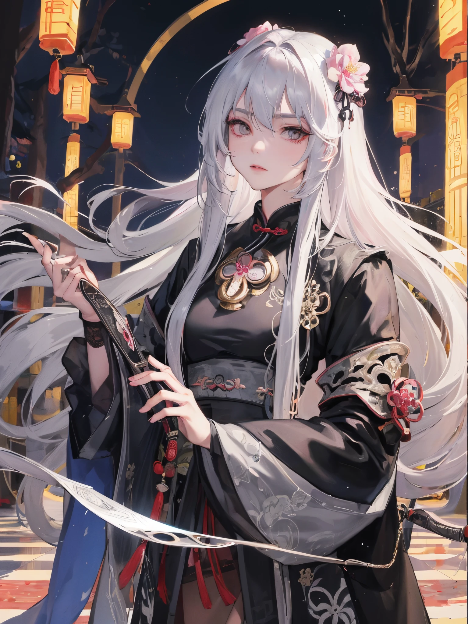 tmasterpiece, Best quality, natta, moon full, 1 girl, Mature woman, chineseidol, Ancient China, Sister, Imperial sister, indifferent expression, face expressionless, Silver white long haired woman, light pink lips, chill out, intelligentsia, thrice, gray pupil, assassins, short knife, flower ball background, Stroll through the streetscape