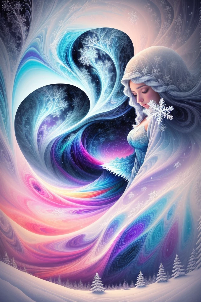 （Girl stands in front of white snow vortex: 1.5），((Pure white snowflakes， white snow around，The truth， expecting， depth of fields， insight， I got it， Monte， snow covered, translucent clouds， spectrum， in a panoramic view， snow cycle， Crazy， Web portals， The large， White light， global snowflake，The sky is covered with beautiful snowflakes))，Vibrant white light color，thickline，turbulent snowflakes，Multi-layered，foreground、Faraway view、fractal thunder dan mumford，danford and alex gray style，psychedelic surreal art，Surrealist psychedelic design，dream art style，Illusion psychedelic art，Infinite white snow psychedelic wave，inspired by Cyril Rolando (Cyril Rolando)，Realistic snow ripple structure，Psychedelic snow art style，trippy art，psychedelic illustrations，(Alone)，(RGB color，Ultra-high saturation)