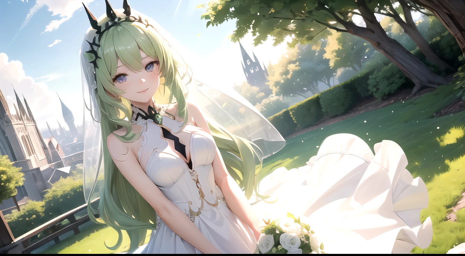 high detail, symmetrical, masterpiece, best quality, mobius (honkai impact), honkai (series), honkai impact 3rd, 1girl, solo, green hair, long hair, looking at viewer, small breasts, same eye colour, wedding dress, outdoors, bridal veil, long dress, white dress, hoop skirt, clover, seductive smile, cleavage