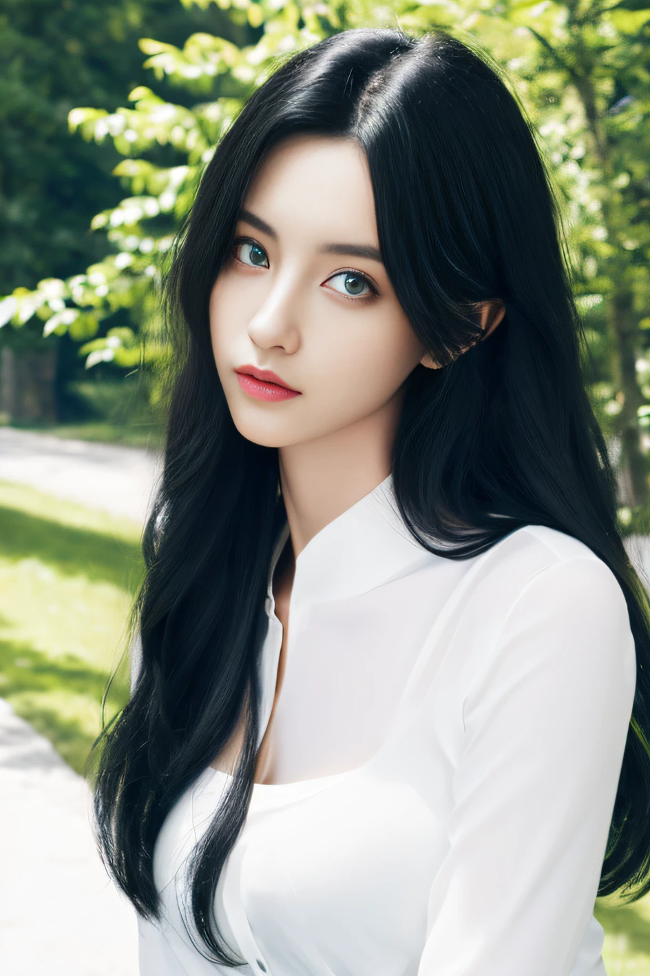 (Hasselblad:1.2),1girl,solo,green eyes,black hair,long hair,white shirt,(half body:1.2),outdoors, european white,