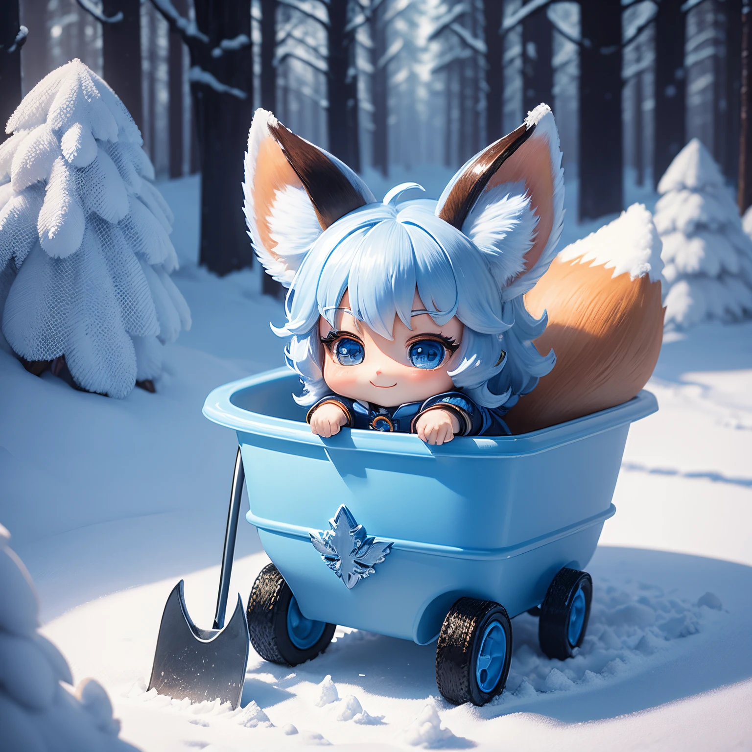 masterpiece、top-quality、ultra-detailliert、(1 chibi fox-eared child:1.2)、fairy tale snow forest、blue plastic mini shovel、blue plastic mini bucket、A smile、Standing