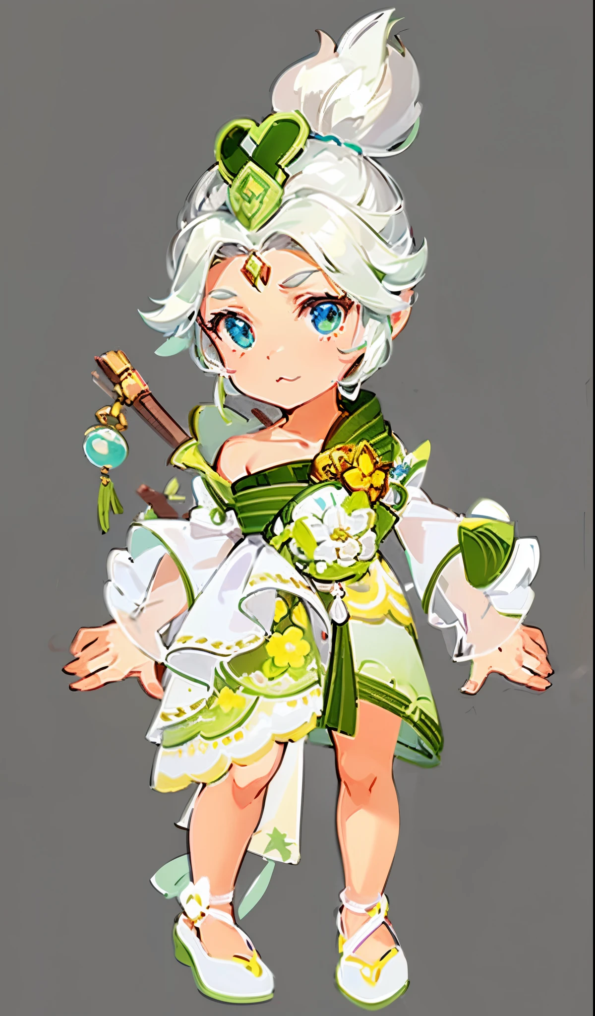 (Antique costumes),(Plant pattern:1.1)Cartoon illustration of a woman wearing green and white clothes, girl in floral suit, Character art of Maple Leaf Story,, character design contest winner, character artwork, stylized anime, Game character design, Official character art, (clothing design),(natural soft light:1.2),Standing painting