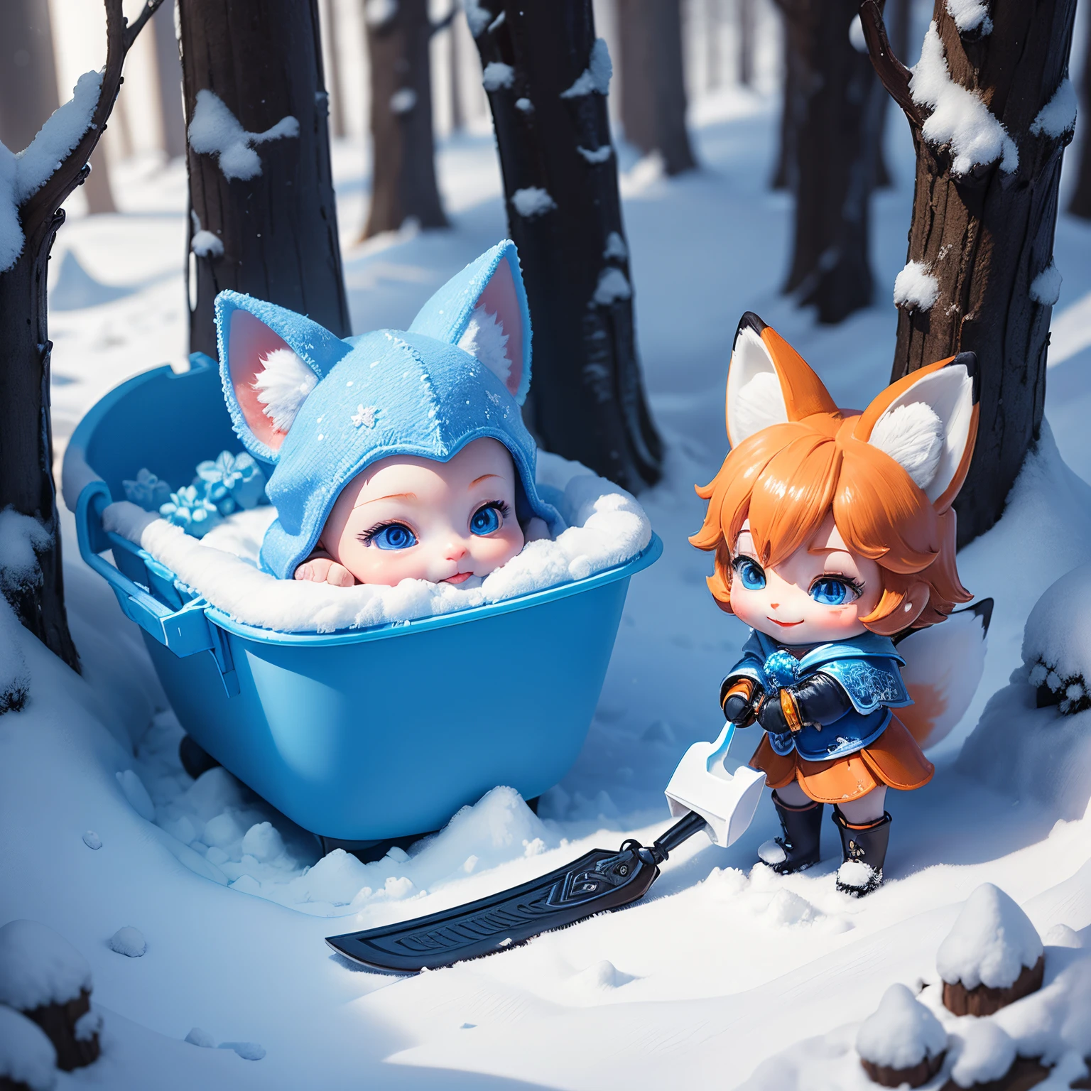 masterpiece、top-quality、ultra-detailliert、(1 little fox-eared baby:1.2)、fairy tale snow forest、blue plastic mini shovel、blue plastic micro bucket、A smile、Standing