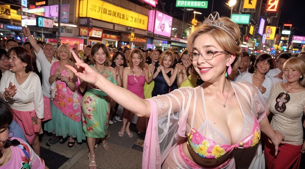 8K、Real Images、detaileds、masterpiece、It's a real photo、Top image quality、top-quality、Blonde and short-cut hair、(large boob:1.2)、(fat figure:1.2)、Smiling big、Posing cutely、wearing a transparent bikini、Wearing glasses、wearing red lipstick、Wearing large earrings、wearing a beautiful tiara、wearing a colorful necklace、wearing flashy stiletto heels、Neon Street at Night、dancing in the crowd、