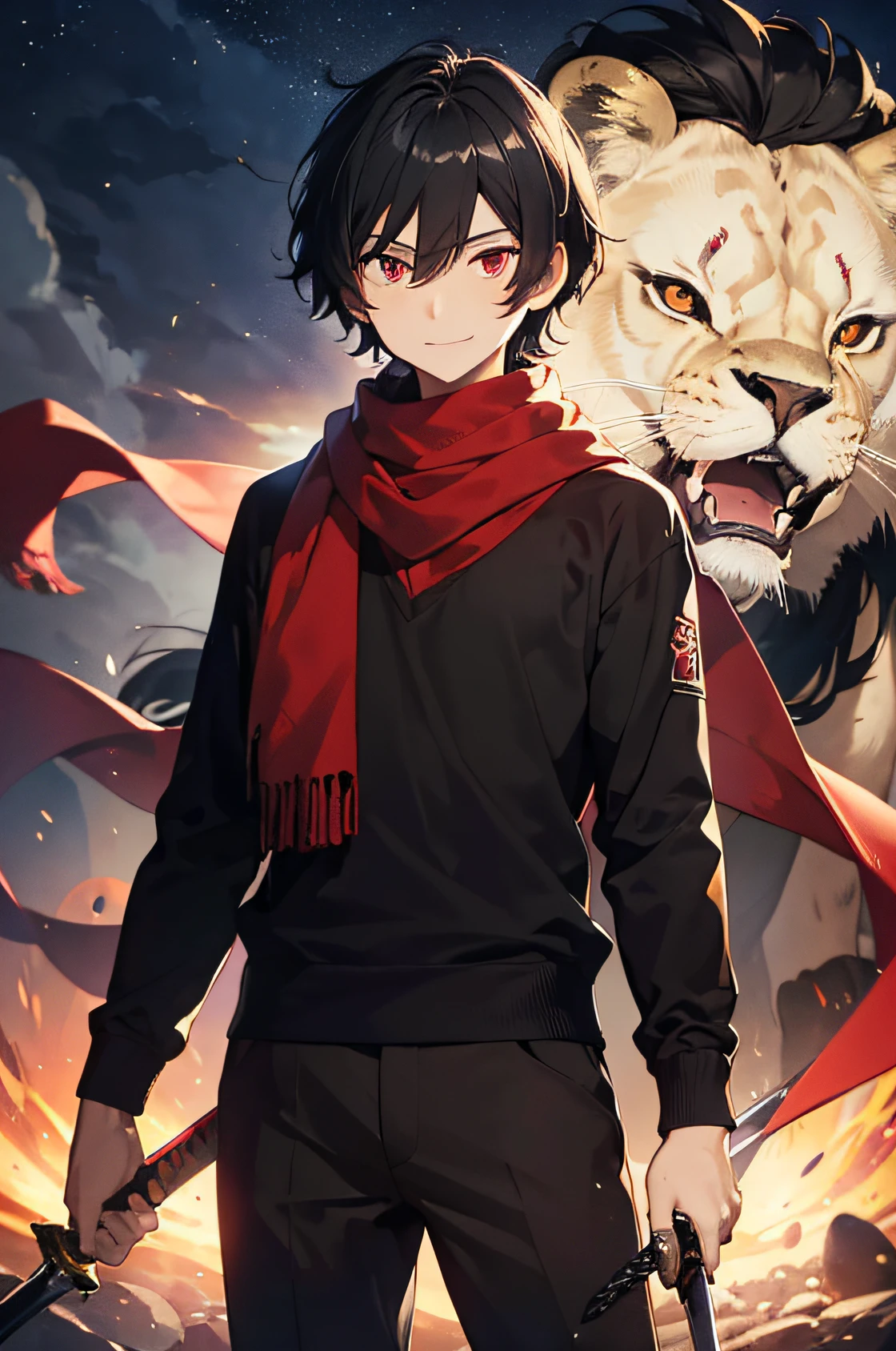 ((masterpiece,bestquality)),A 17 year old young man stood in front of a lion., Black Hair, Tangle short hair, Red Eyes, Black doomsday style long sleeve shirt., bandana, Red pants, cheerful, A happy expression on his face. Relaxed posture ((The weapon is a long sword with a black aura.)) red light effect.