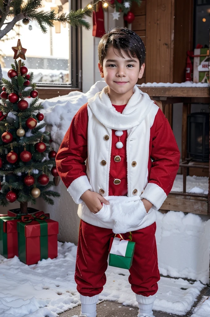 A young boy in Santa Claus clothes, HOLDING a red bag with gifts in his HANDS, a Christmas tree decorated with toys stands next to him, a bright glow, colored light bulbs shine in the sun, it is snowing