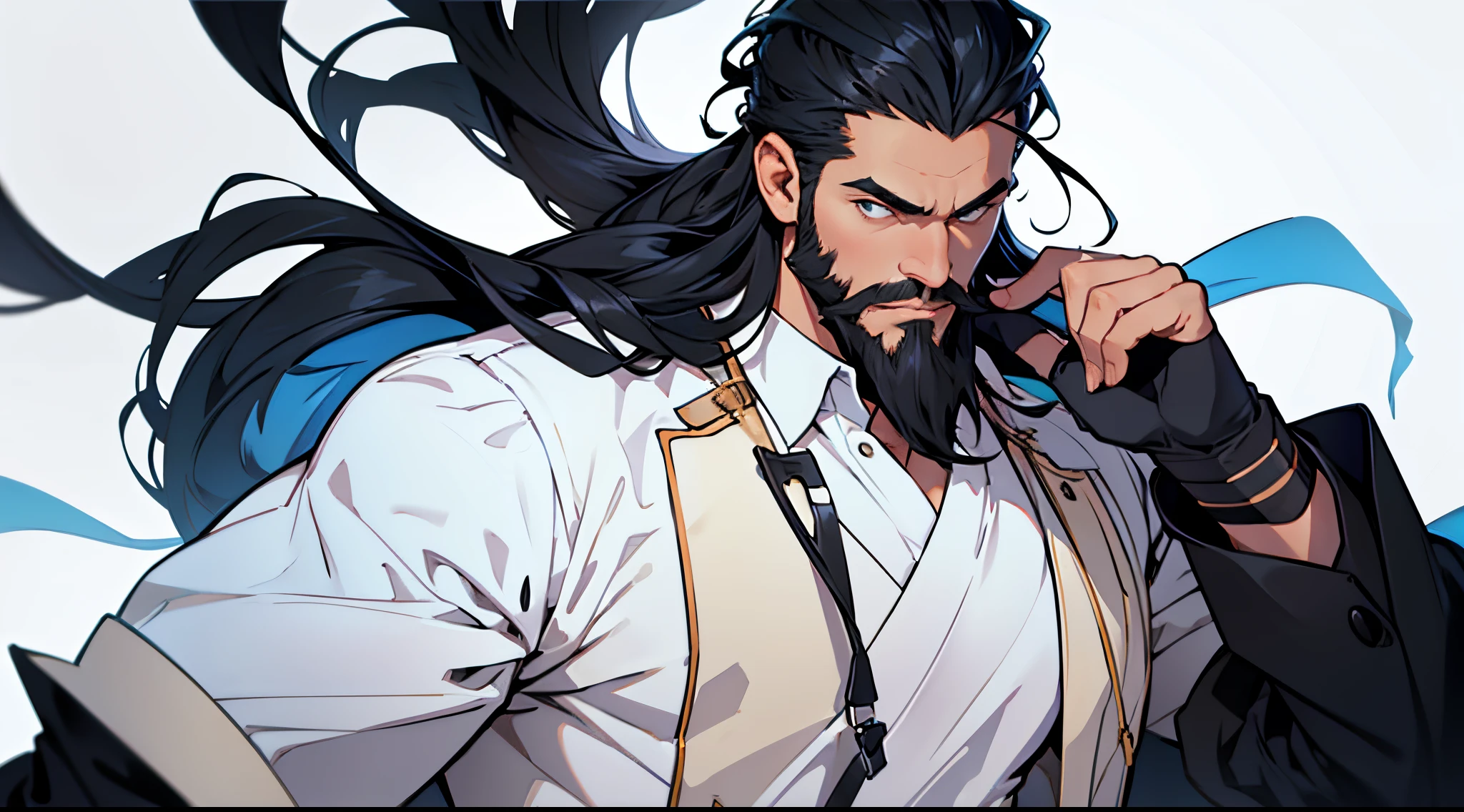 1 Man solo, solo.he has a short black beard and he has black flowing hair. clear background. white background