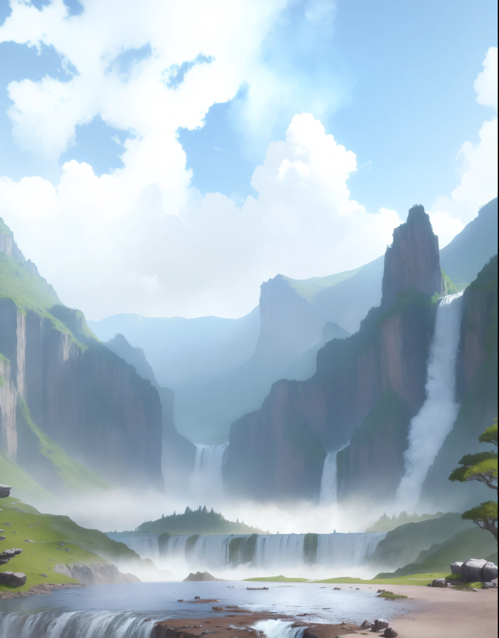 there is a painting of a waterfall in the middle of a mountain, waterfalls in the background, waterfall in the background, waterfall background, background artwork, background art, waterfalls in distance, immense waterfall, avatar landscape, waterfall in background, epic background, waterfall in distance, random background scene, soft focus matte painting, anime movie background, mobile game background, waterfall backdrop