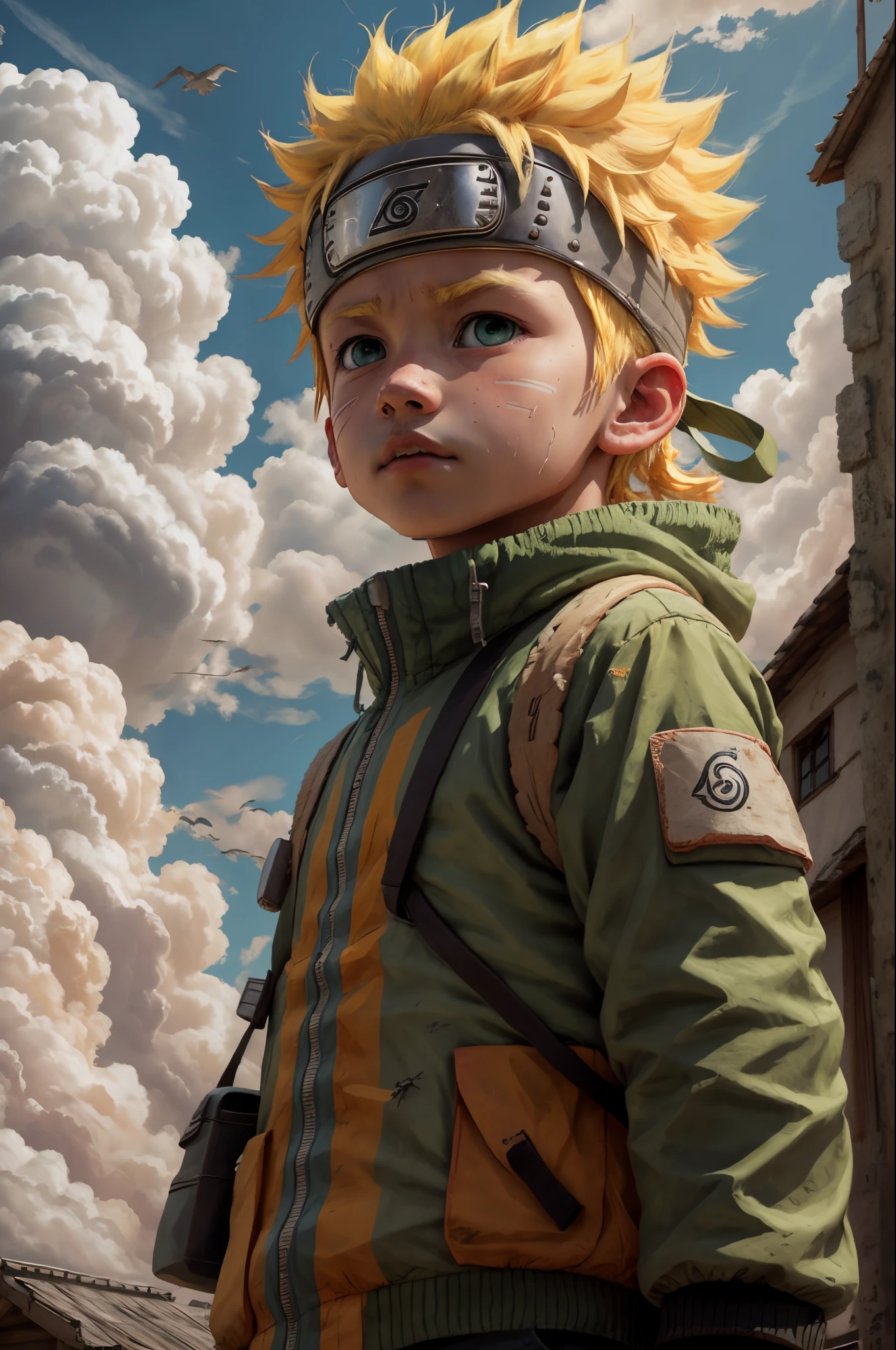 chibinaruto, 1boy, blonde hair, male focus, solo, sky, green eyes, cloud, day, whisker markings, bird, blue sky, male child, jacket, outdoors, upper body, cloudy sky