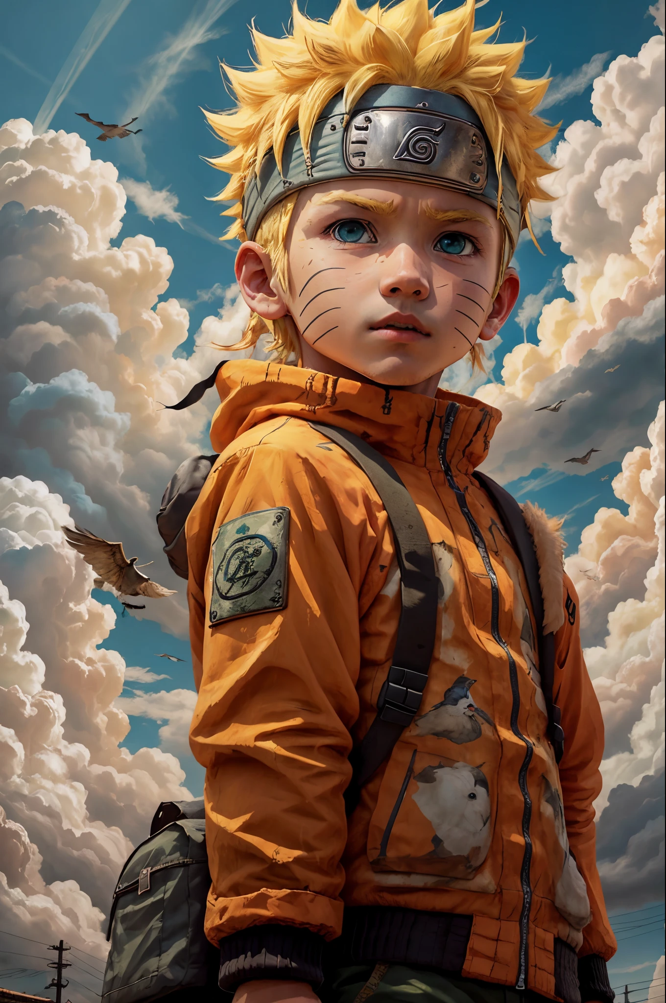 chibinaruto, 1boy, blonde hair, male focus, solo, sky, green eyes, cloud, day, whisker markings, bird, blue sky, male , jacket, outdoors, upper body, cloudy sky