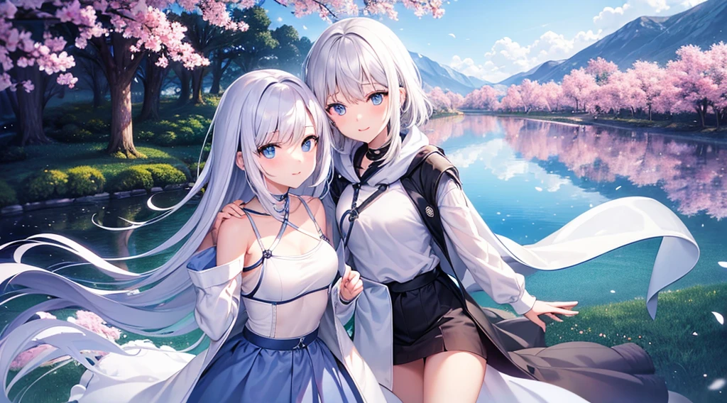 mid-shot, Look at viewers, hands behind back, girl with, 20 years old, Very short hair, long bangs between eyes, hair over shoulder, Grey Hair, Floating hair, ^ ^, pale blue eyes, Short dress, Hoodie, Skirt, Bare shoulder, White clothes, Blue sky, Nature, Sunlight, Extremely detailed,(​masterpiece、top-quality)、独奏、1womanl、White hair、the tips of the hair are blue、Blue eyes、A smile、White skin as clear as snow、Fantastical,Small breasts, Silver hair, Blue eyes, Beautiful eyes,  Girl, Ecstasy, charmed, be smitten with audience, Hoodie, Hoodie with open front, fantastic landscape, Shoulder out,White muffler,Cherry blossom background,soio