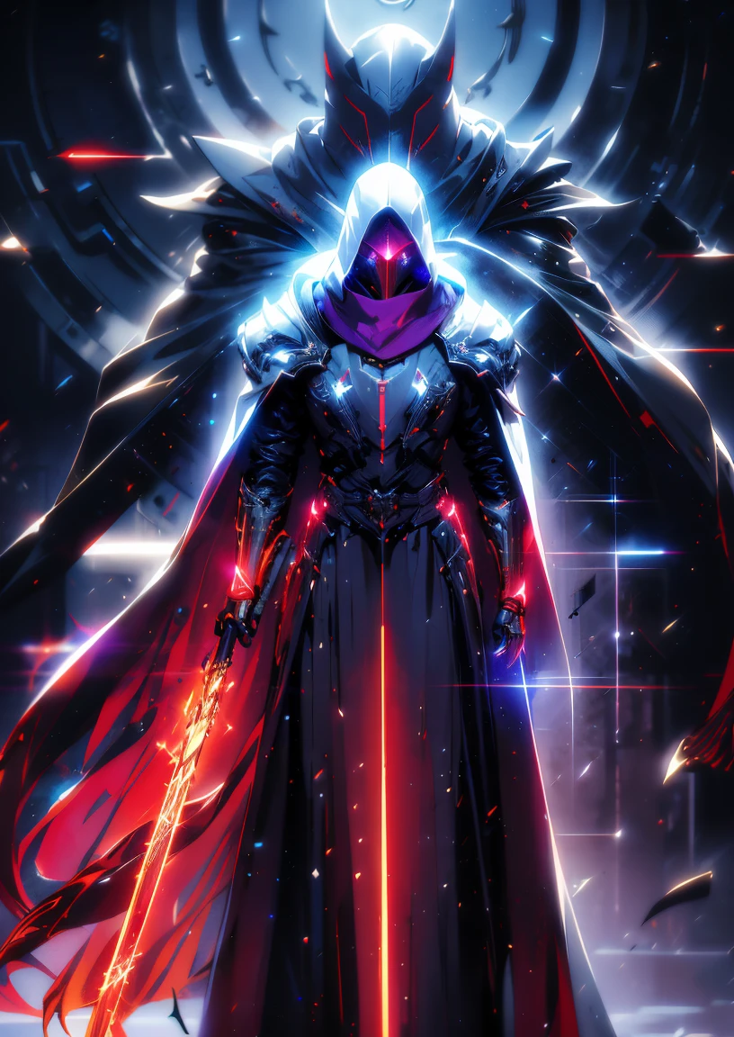 realistic,shiny,reflective,bioluminic, galactic cybernetic mask,mecha,(assassin:1.2),((((scarf,long cloak)))),sh4g0d,GlowingRunes_red,fullbody,cinemnatic,dark background,backlight,high contrast,