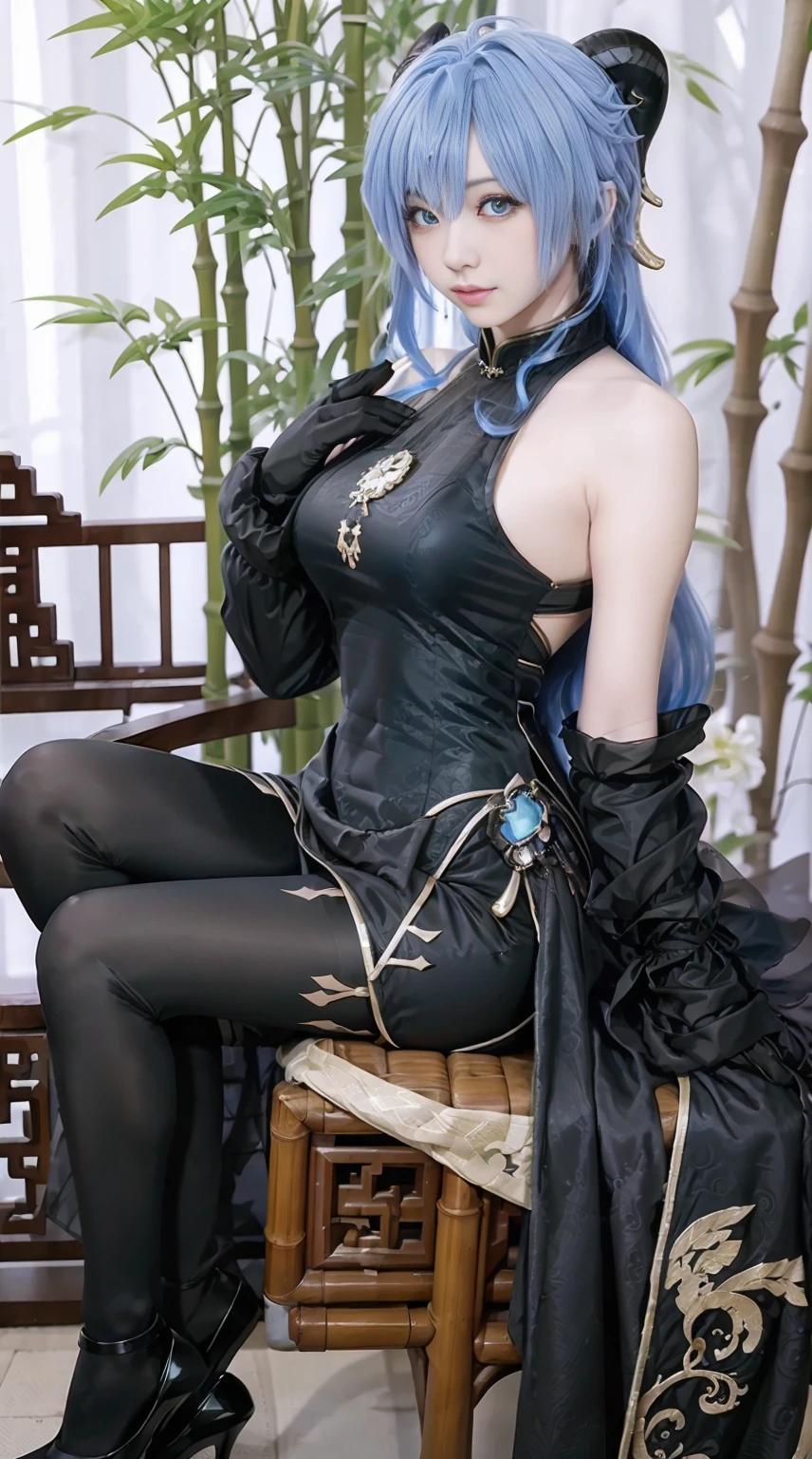 {{tmasterpiece, Best quality, extremely detremely detailed CG, Unity8k wallpaper, 电影灯光, lens flare glow}},Blue hair,(goat horn:1.2),Wear gloves on elbows,Blue and white cheongsam,Cheongsam Ganyu,hair between eye,lace panty hose,(looking at viewert:1.2),eBlue eyes,Black dress,Spectacular views,Full body lesbian,sitted,roleplaying,employment \(genshin impact\),Thick body,employment,Chinese clothes,Long gray hair,Green-eyed,(bamboo forrest:1.3),flagstone road,hot springs,