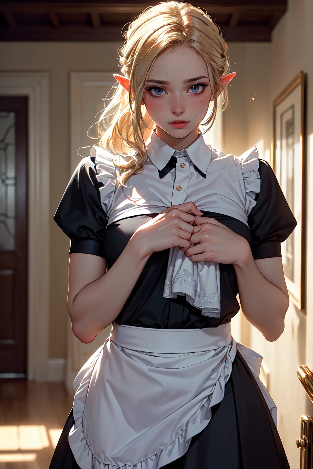 ((masterpiece)),(best quality), ((mature)) beautiful 1woman elf, ((cinematic)), dynamic:1.2, particles:1.2, (pastel:1.2), (shining skin), (intricate cinematic background:1.2), (depth of field), (alluring ((aroused)) face), fantasy, (erotic movie), amazing, ((erotic scene from movie)), ((intricate maid uniform)), indoors, ((lifted skirt)), panties, (Embarrassed look, Embarrassed), (blushing), realistic light, photo, daylight, (blur)