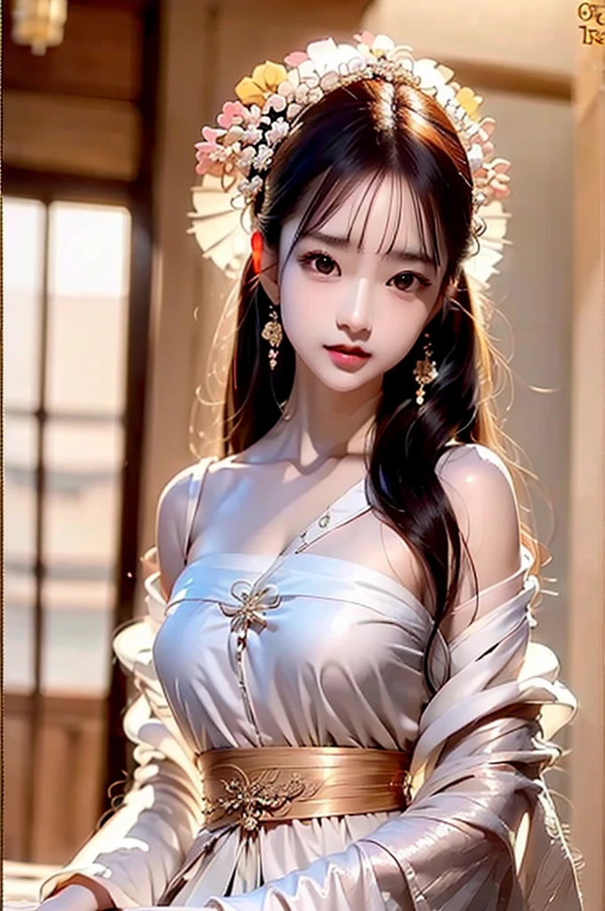 (8K, Best quality at best, tmasterpiece:1,2), (actual, Photorealistic:1,37), top-quality, tmasterpiece, a beautiful woman, chinese style, Clean and fair skin, pretty eyes,Hanfu fairy,Dream ancient city,Ancient organ and harp