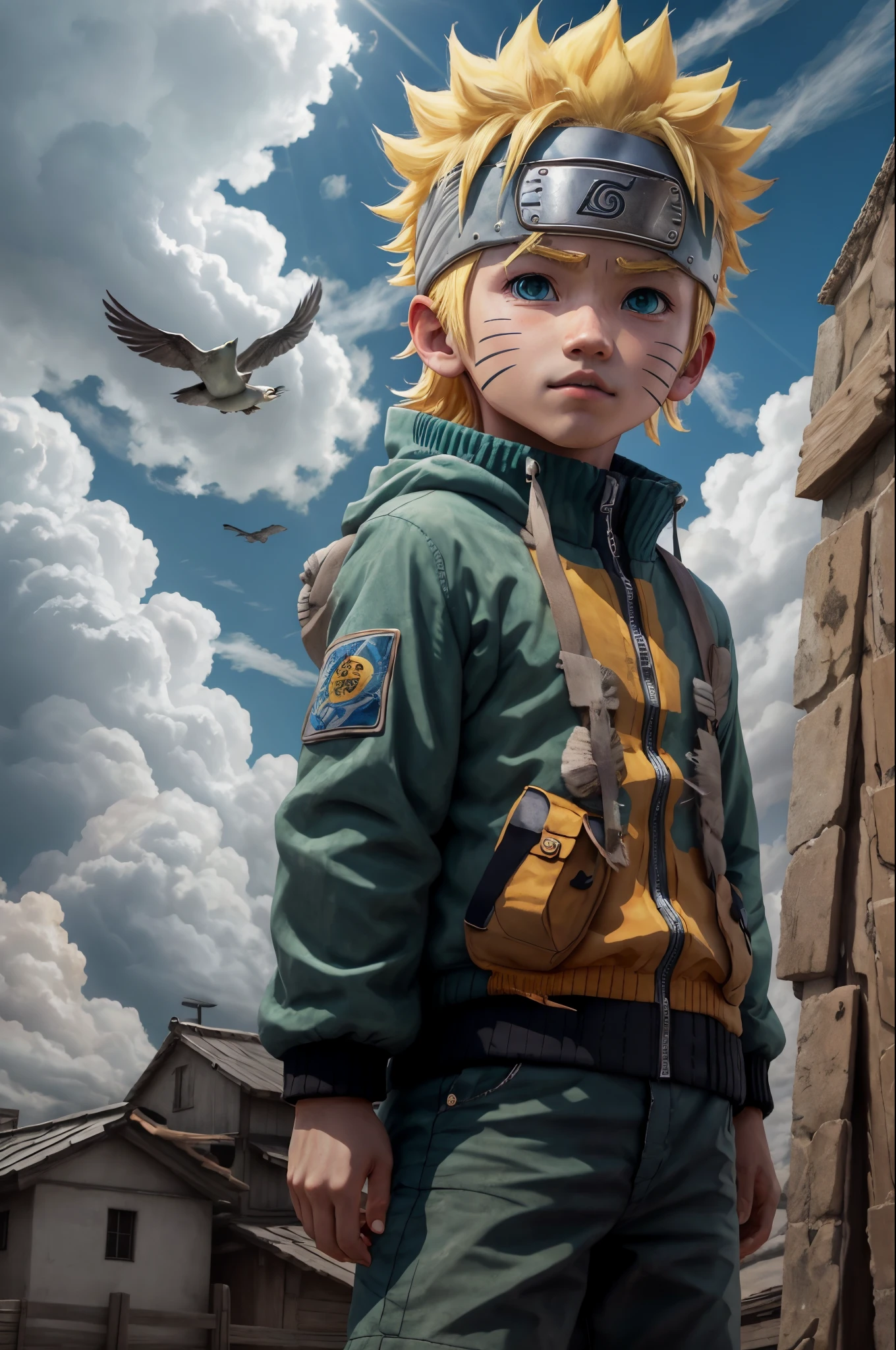 chibinaruto, 1boy, blond hairbl, malefocus, 独奏, Skysky, green-eyed, rays of sunshine, In the daytime, whisker markings, The bird, blue-sky, Libido boy, jaket, exteriors, The upper part of the body, mostly cloudy sky