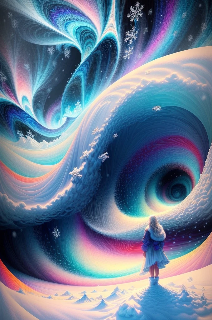 (Girl stands in front of white snow vortex: 1.5),((Pure white snowflakes, white snow around,The truth, expecting, depth of fields, insight, I got it, Monte, snow covered, translucent clouds, spectrum, in a panoramic view, snow cycle, Crazy, Web portals, The large, White light, global snowflake,The sky is covered with beautiful snowflakes)),Vibrant white light color,thickline,turbulent snowflakes,Multi-layered,foreground、Faraway view、fractal thunder dan mumford,danford and alex gray style,psychedelic surreal art,Surrealist psychedelic design,dream art style,Illusion psychedelic art,Infinite white snow psychedelic wave,inspired by Cyril Rolando (Cyril Rolando),Realistic snow ripple structure,Psychedelic snow art style,trippy art,psychedelic illustrations,(Alone),(RGB color,Ultra-high saturation)