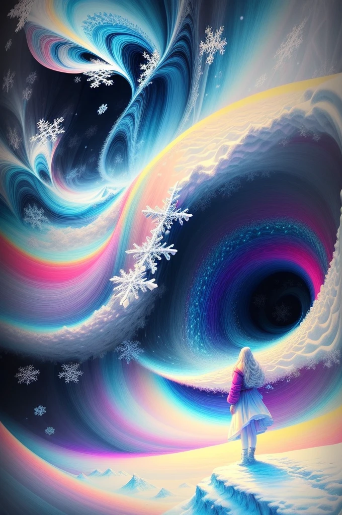 (Girl stands in front of white snow vortex: 1.5),((Pure white snowflakes, white snow around,The truth, expecting, depth of fields, insight, I got it, Monte, snow covered, translucent clouds, spectrum, in a panoramic view, snow cycle, Crazy, Web portals, The large, White light, global snowflake,The sky is covered with beautiful snowflakes)),Vibrant white light color,thickline,turbulent snowflakes,Multi-layered,foreground、Faraway view、fractal thunder dan mumford,danford and alex gray style,psychedelic surreal art,Surrealist psychedelic design,dream art style,Illusion psychedelic art,Infinite white snow psychedelic wave,inspired by Cyril Rolando (Cyril Rolando),Realistic snow ripple structure,Psychedelic snow art style,trippy art,psychedelic illustrations,(Alone),(RGB color,Ultra-high saturation)