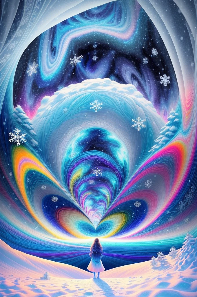 （Girl stands in front of white snow vortex: 1.5），((Pure white snowflakes， white snow around，The truth， expecting， depth of fields， insight， I got it， Monte， snow covered, translucent clouds， spectrum， in a panoramic view， snow cycle， Crazy， Web portals， The large， White light， global snowflake，The sky is covered with beautiful snowflakes))，Vibrant white light color，thickline，turbulent snowflakes，Multi-layered，foreground、Faraway view、fractal thunder dan mumford，danford and alex gray style，psychedelic surreal art，Surrealist psychedelic design，dream art style，Illusion psychedelic art，Infinite white snow psychedelic wave，inspired by Cyril Rolando (Cyril Rolando)，Realistic snow ripple structure，Psychedelic snow art style，trippy art，psychedelic illustrations，(Alone)，(RGB color，Ultra-high saturation)