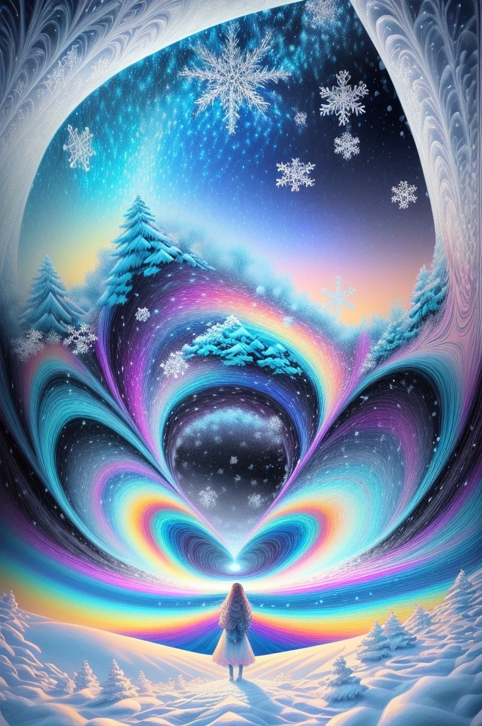 （Girl stands in front of white snow vortex: 1.5），((Pure white snowflakes， white snow around，The truth， expecting， depth of fields， insight， I got it， Monte， snow covered, translucent clouds， spectrum， in a panoramic view， snow cycle， Crazy， Web portals， The large， White light， global snowflake，The sky is covered with beautiful snowflakes))，Vibrant white light color，thickline，turbulent snowflakes，Multi-layered，foreground、Faraway view、fractal thunder dan mumford，danford and alex gray style，psychedelic surreal art，Surrealist psychedelic design，dream art style，Illusion psychedelic art，Infinite white snow psychedelic wave，inspired by Cyril Rolando (Cyril Rolando)，Realistic snow ripple structure，Psychedelic snow art style，trippy art，psychedelic illustrations，(Alone)，(RGB color，Ultra-high saturation)