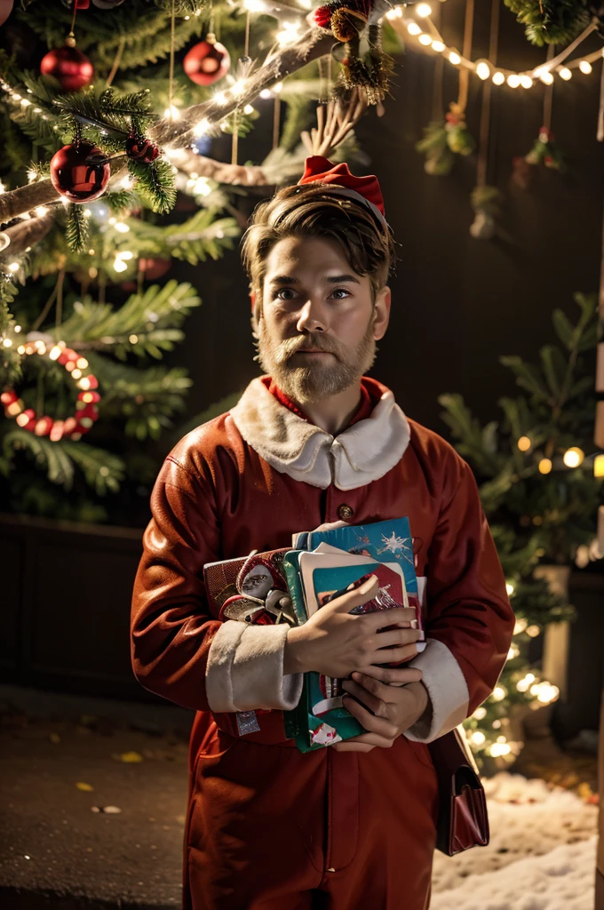 Boy dressed as Santa Claus, HOLDING IN HIS HANDS a red bag with gifts.., there is a Christmas tree next to him, Decorated with toys, vibrant glow, colored light bulbs glow in the sun, It's snowing