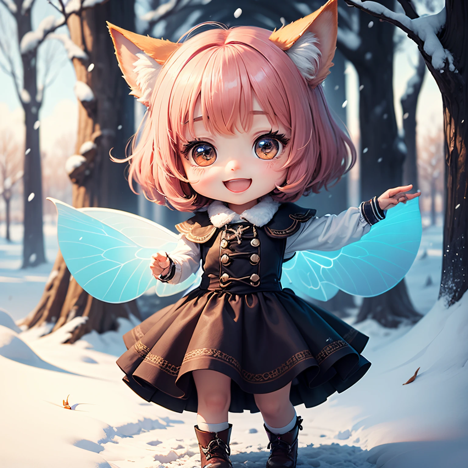 masterpiece、top-quality、ultra-detailliert、(Chibi Chara's Daughter:1.2)、Fox ears、Fairy tale forest in heavy snowfall area、Dancing、Open your mouth and smile
